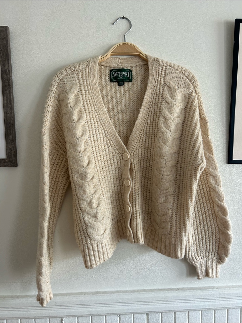 American Eagle Outfitters Cream Cable-Knit Cardigan Sweater